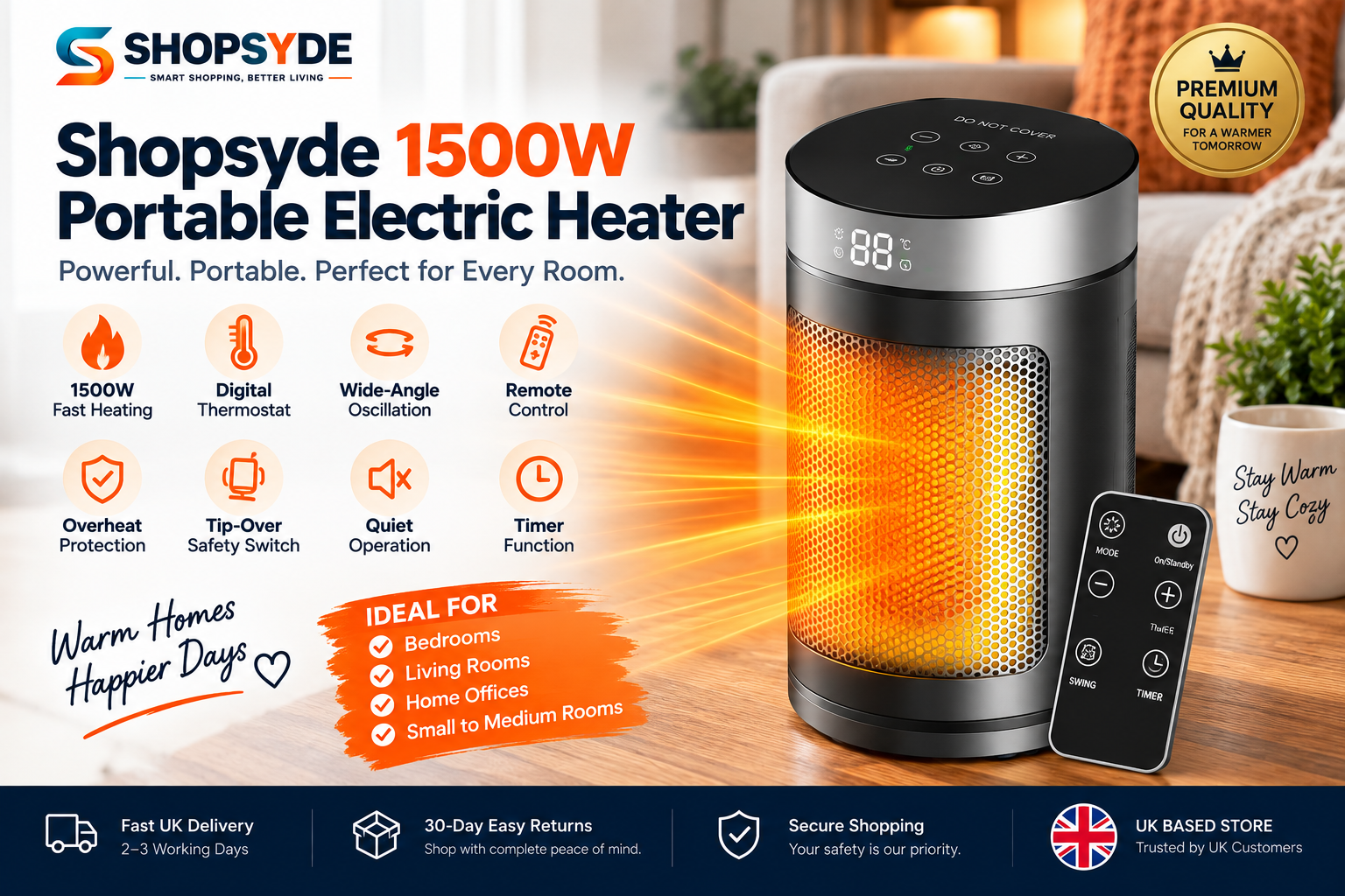 Shopsyde 1500W Portable Electric Heater