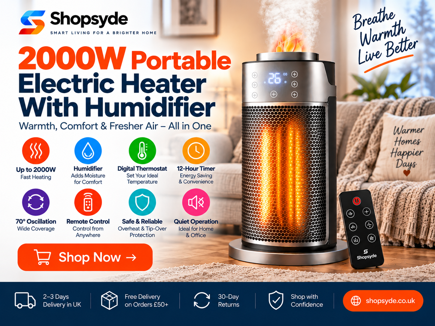 Shopsyde 2000W portable electric heater with humidifier
