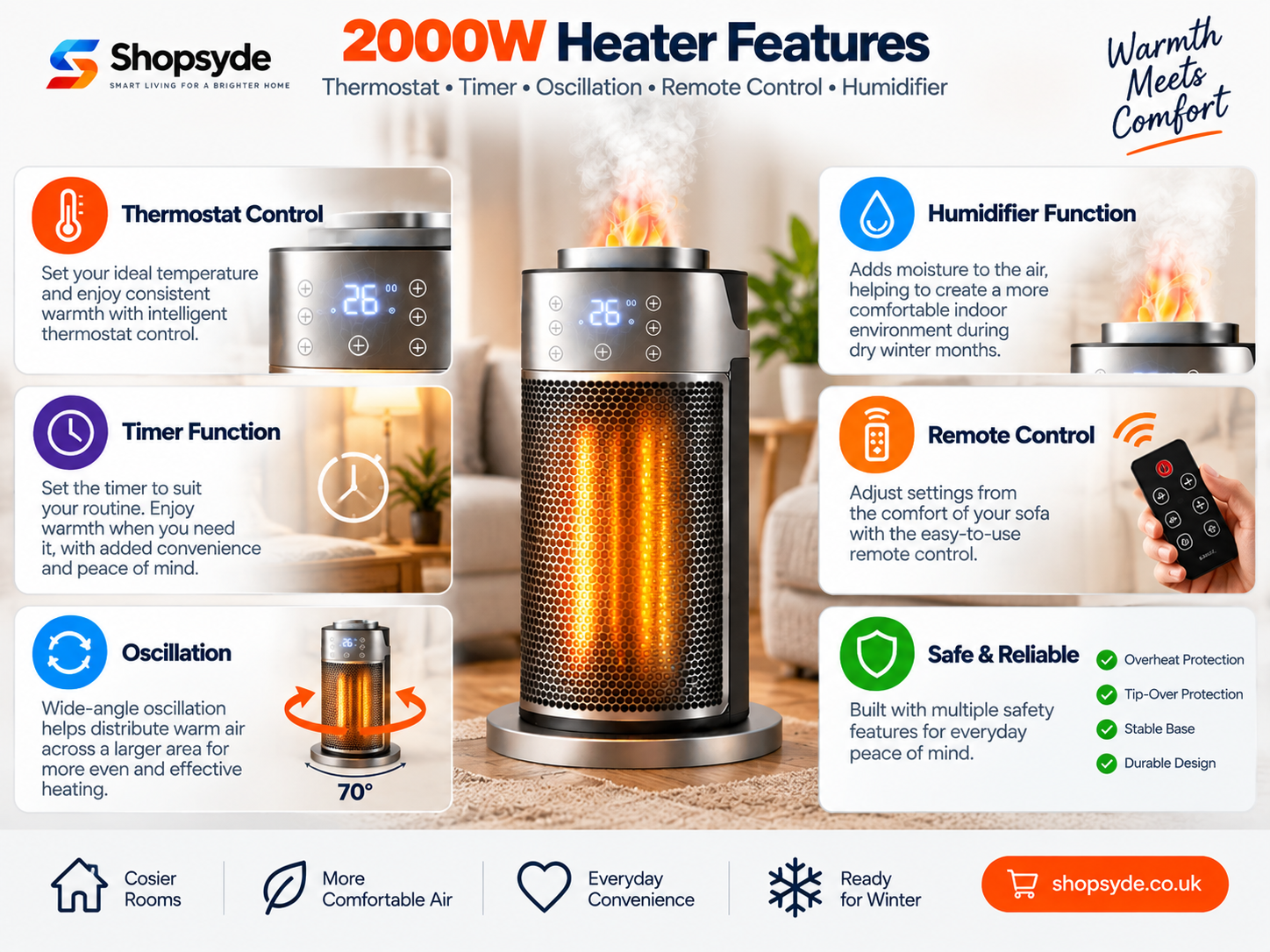 2000W heater with thermostat timer oscillation remote control and humidifier