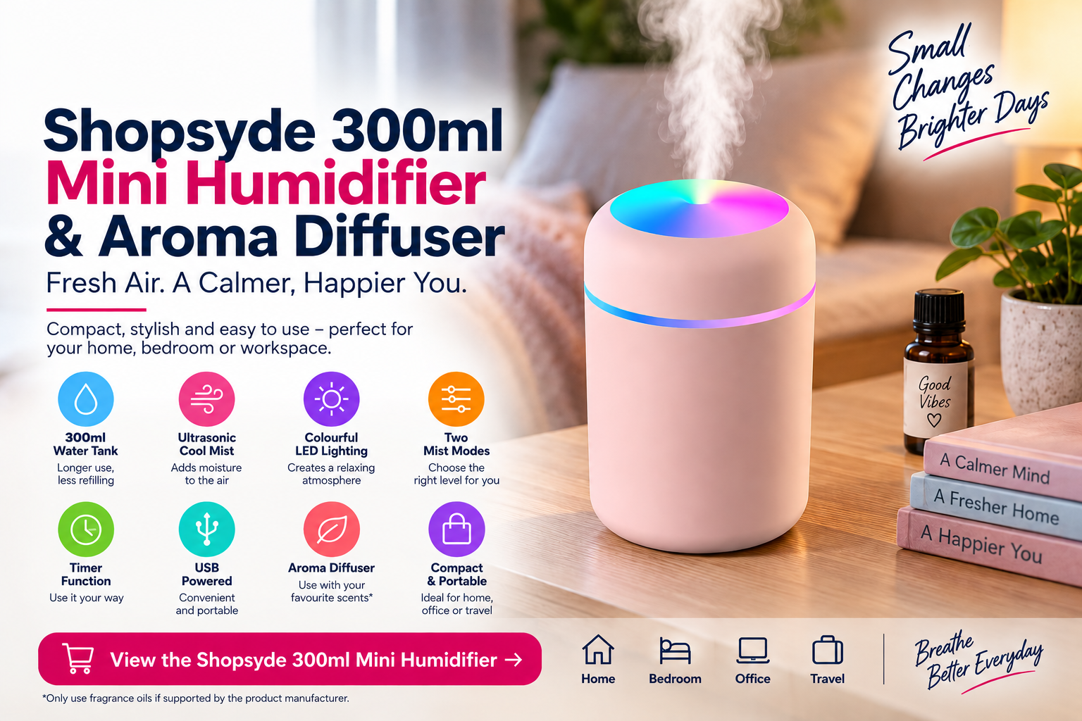Shopsyde 300ml mini humidifier with colourful LED light