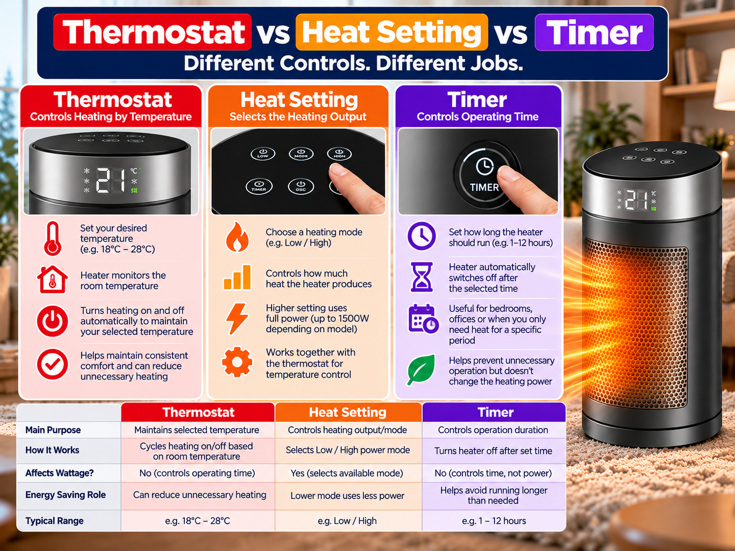 electric heater thermostat vs heat setting vs timer