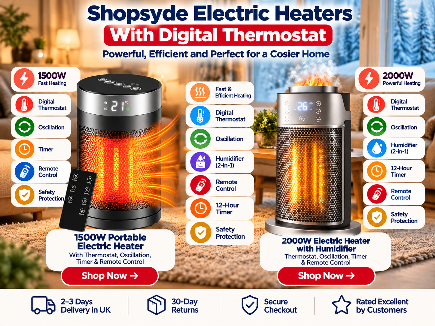 Shopsyde 1500W and 2000W electric heaters with digital thermostat