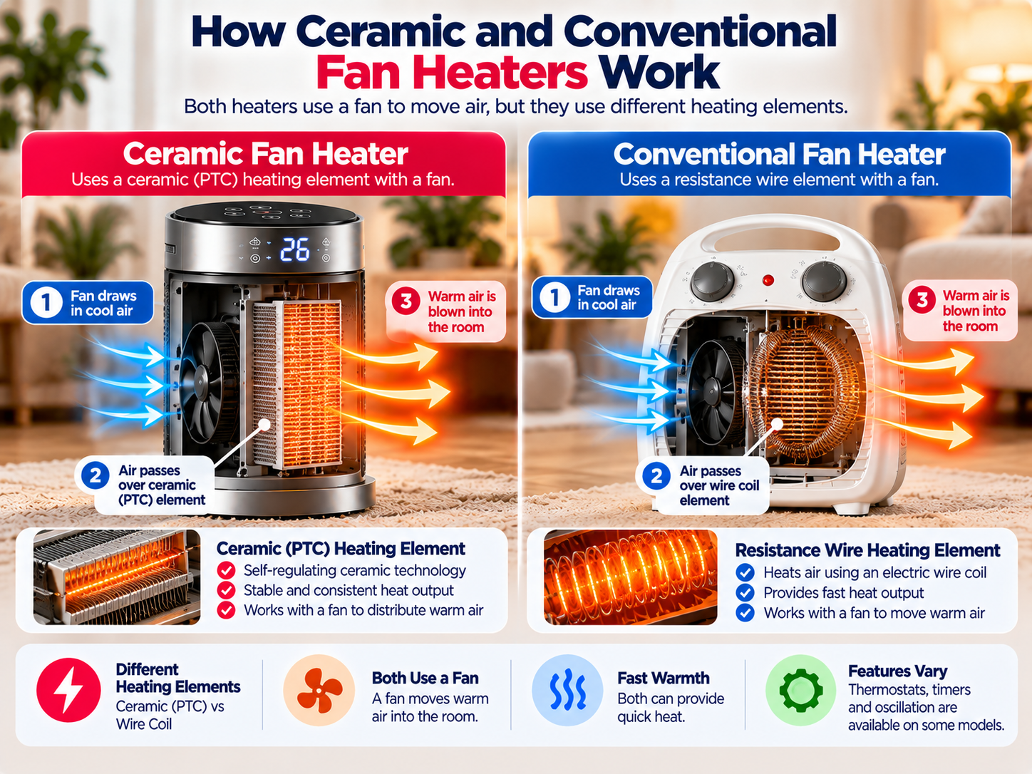 how ceramic and conventional fan heaters work