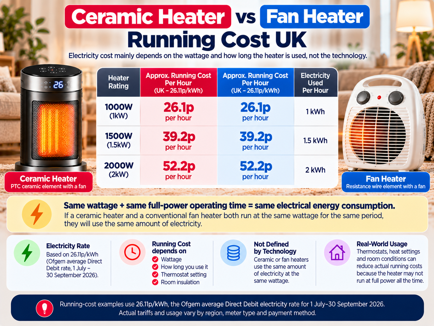 ceramic heater vs fan heater running cost UK