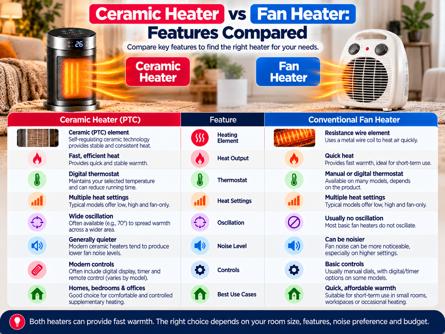 ceramic heater vs fan heater features comparison