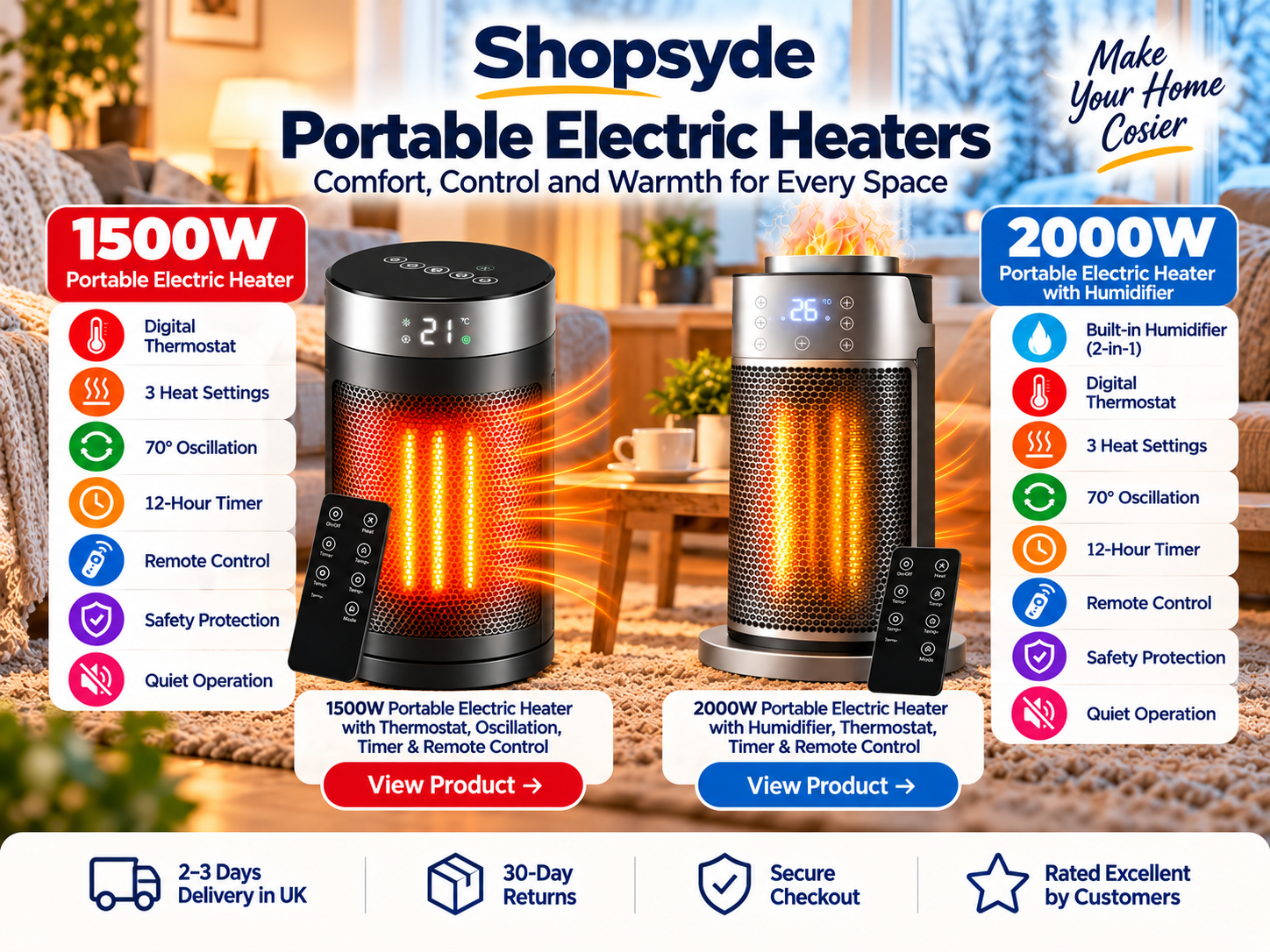 Shopsyde 1500W and 2000W portable electric heaters