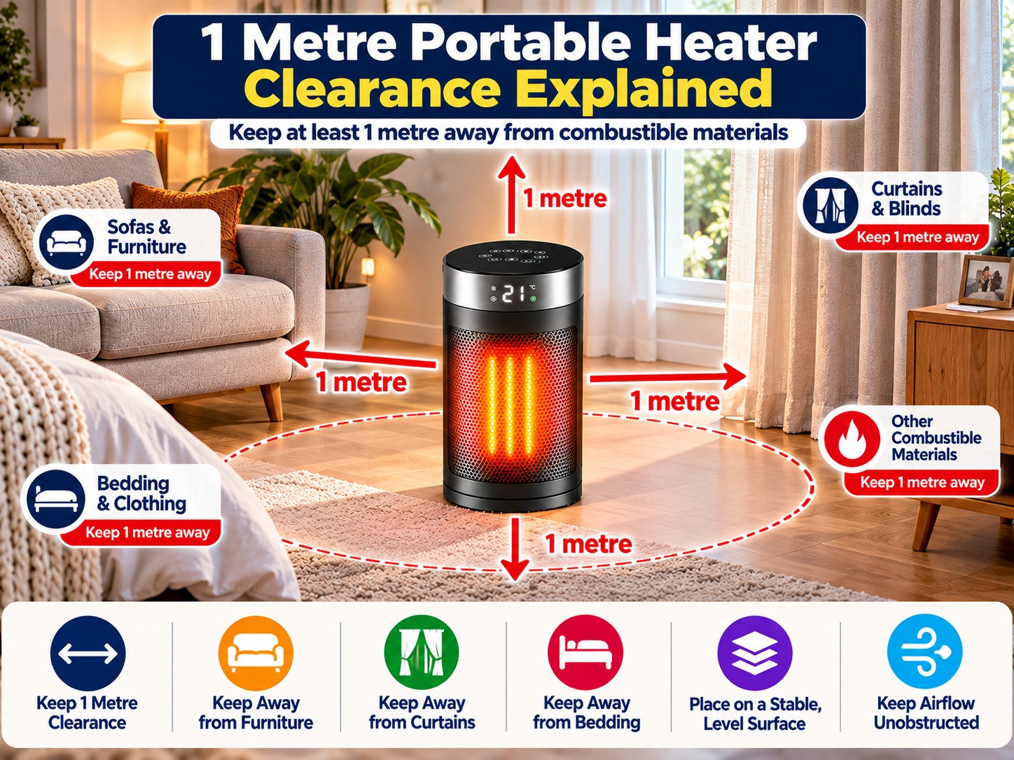 1 metre portable heater clearance from combustible materials