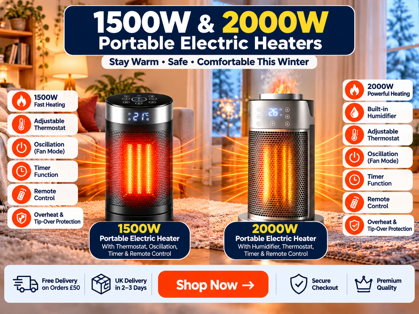 Shopsyde 1500W and 2000W portable electric heaters