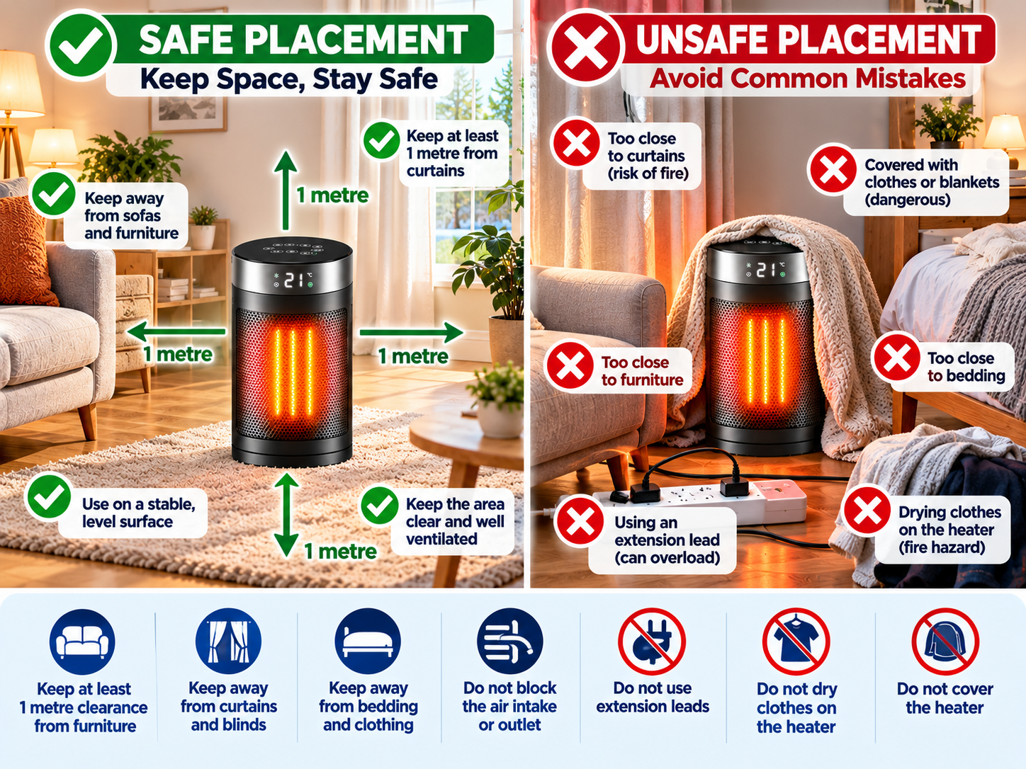 portable heater safe vs unsafe placement
