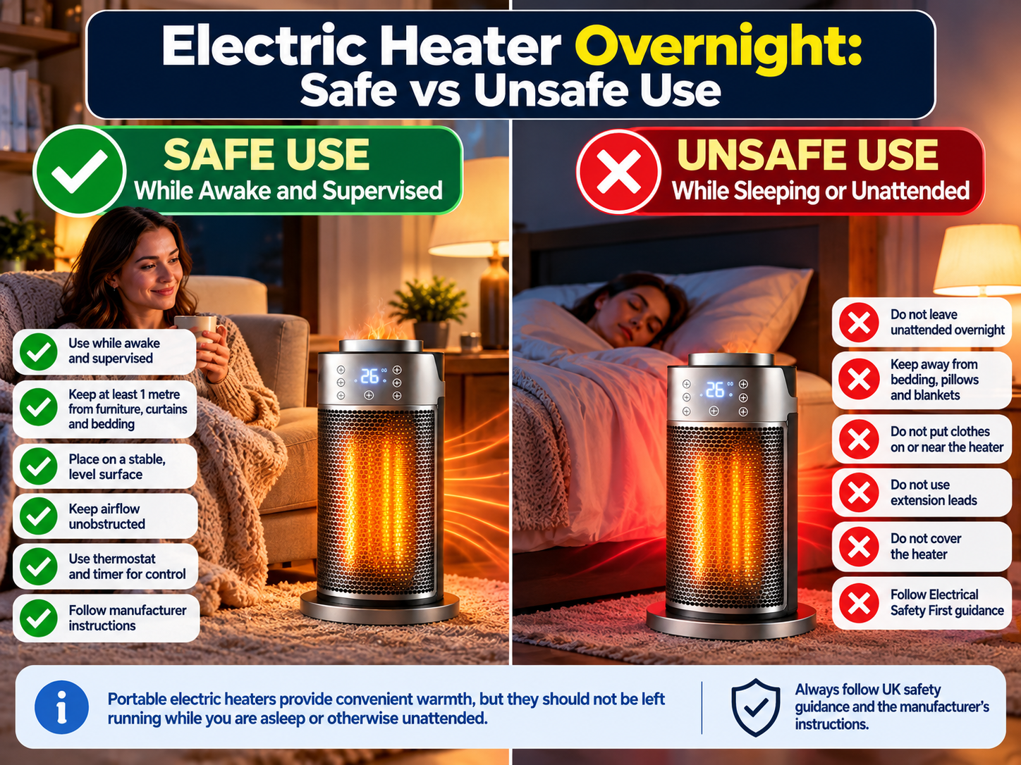 electric heater overnight safe vs unsafe use