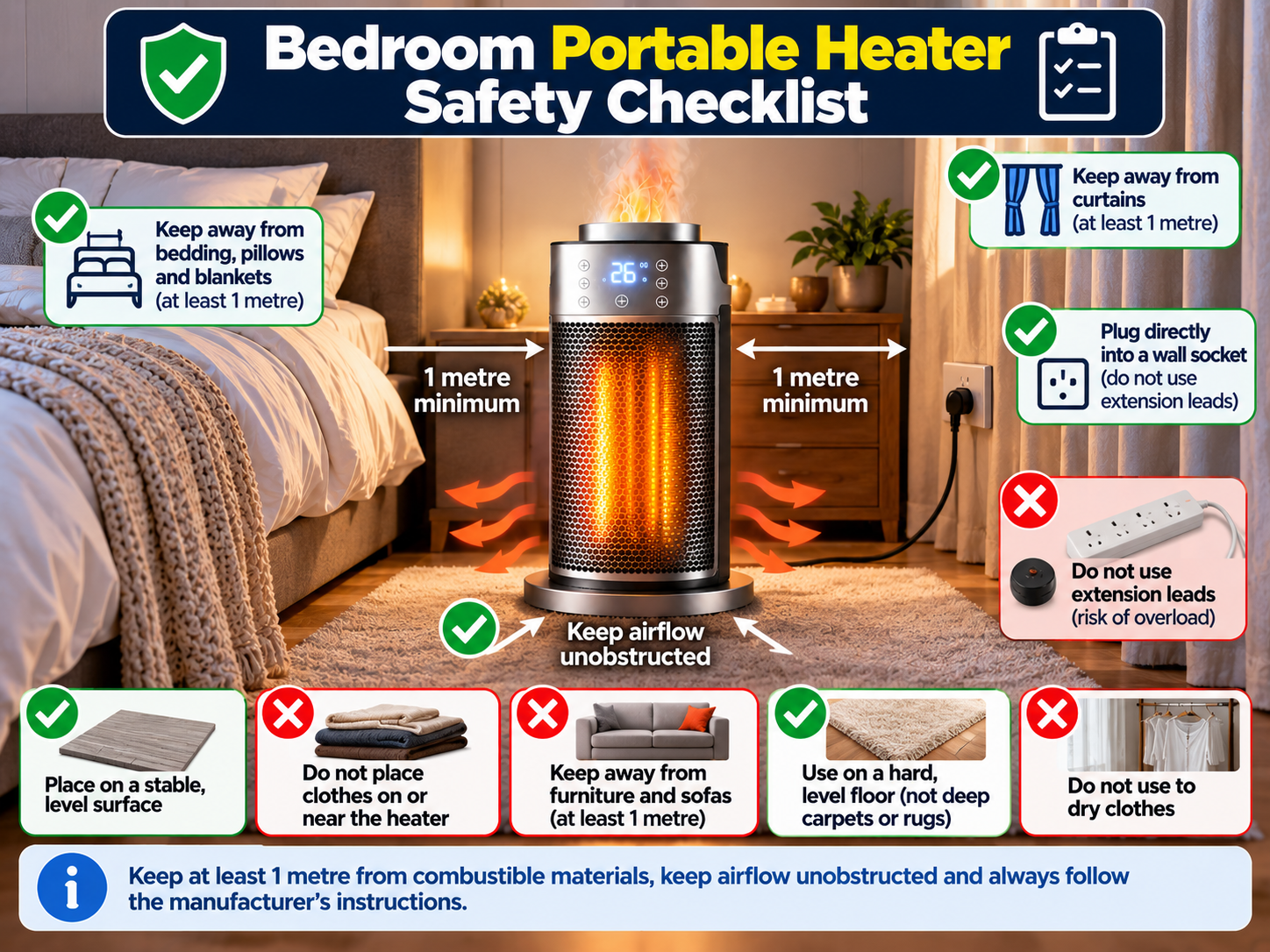 bedroom portable electric heater safety checklist