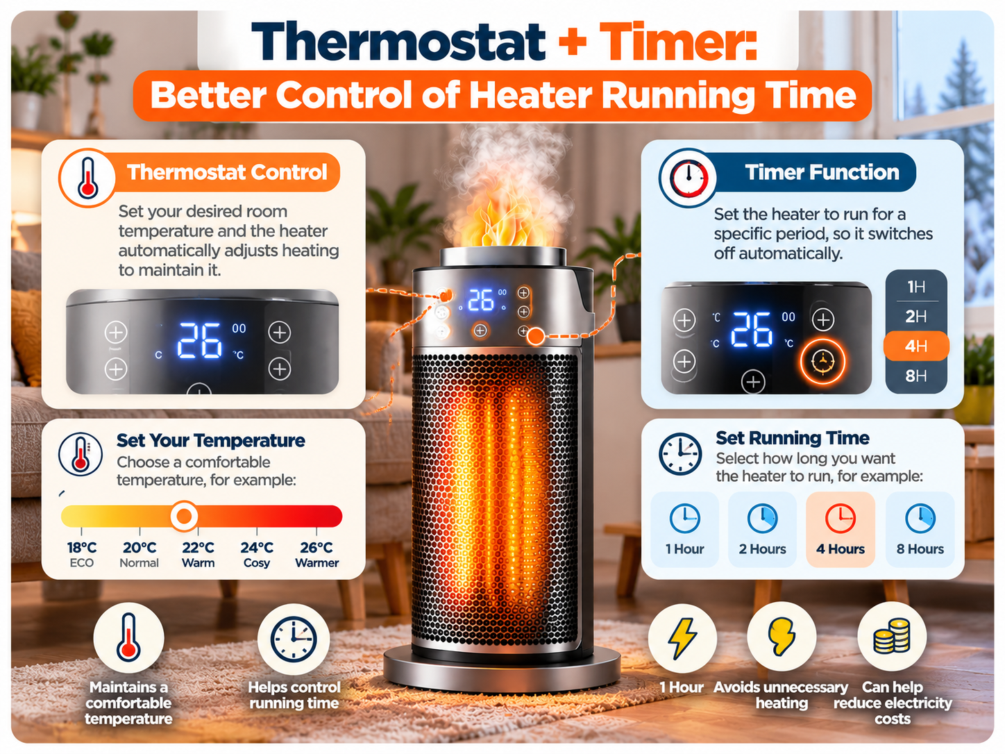 electric heater thermostat and timer running time control