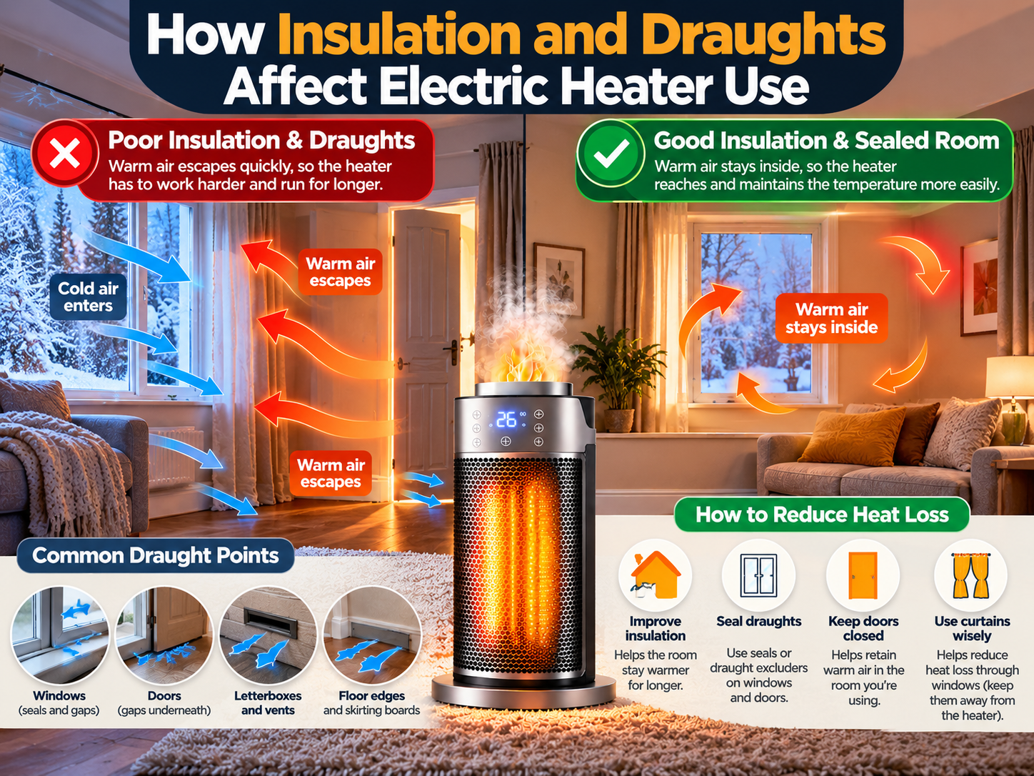 how insulation and draughts affect electric heater use
