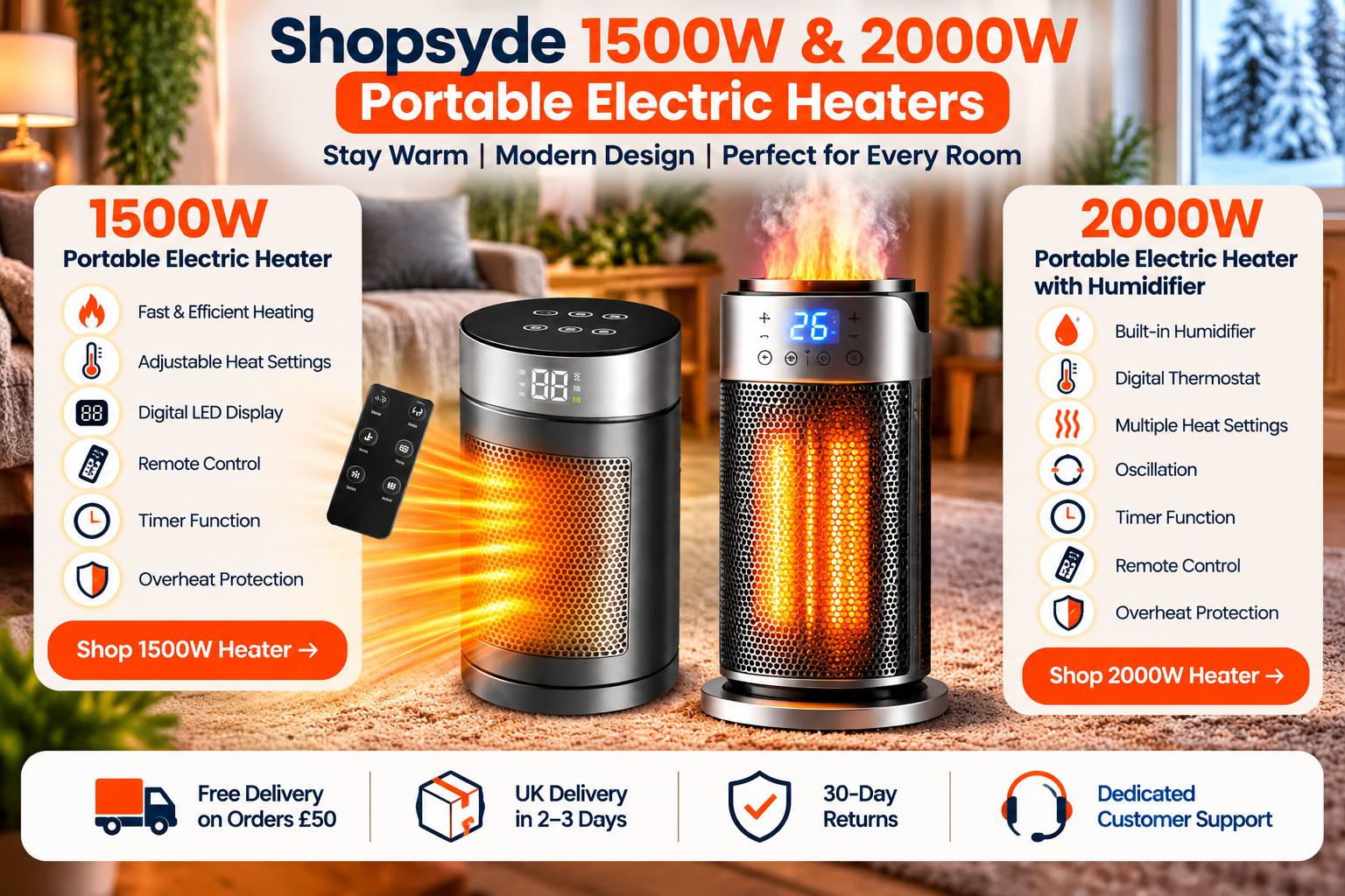 Shopsyde 1500W and 2000W portable electric heaters