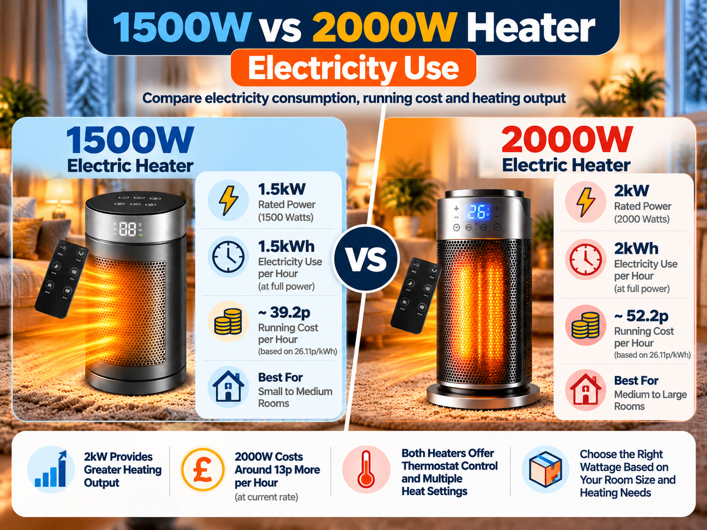 1500W vs 2000W heater electricity use comparison