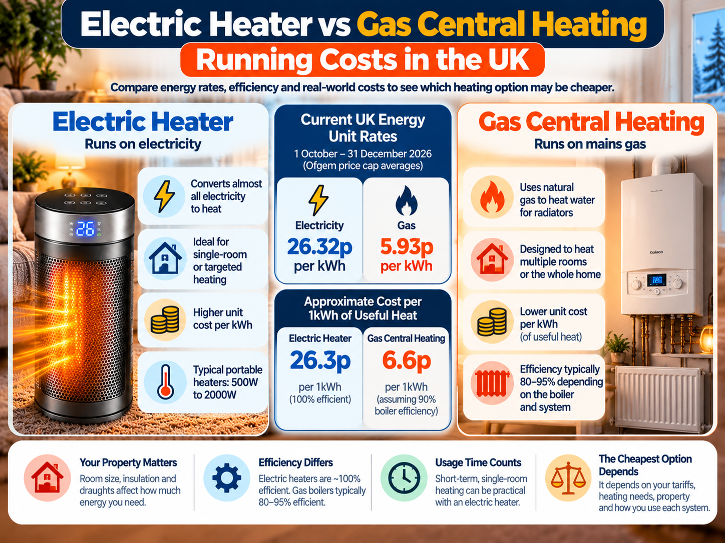 electric heater vs gas central heating running costs UK