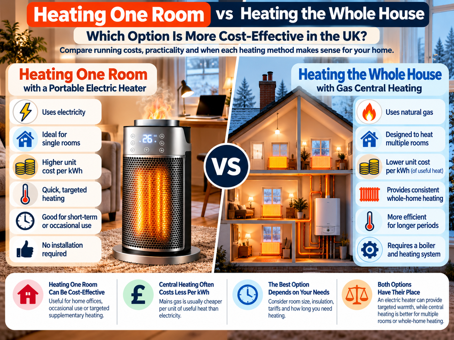 heating one room with electric heater vs central heating