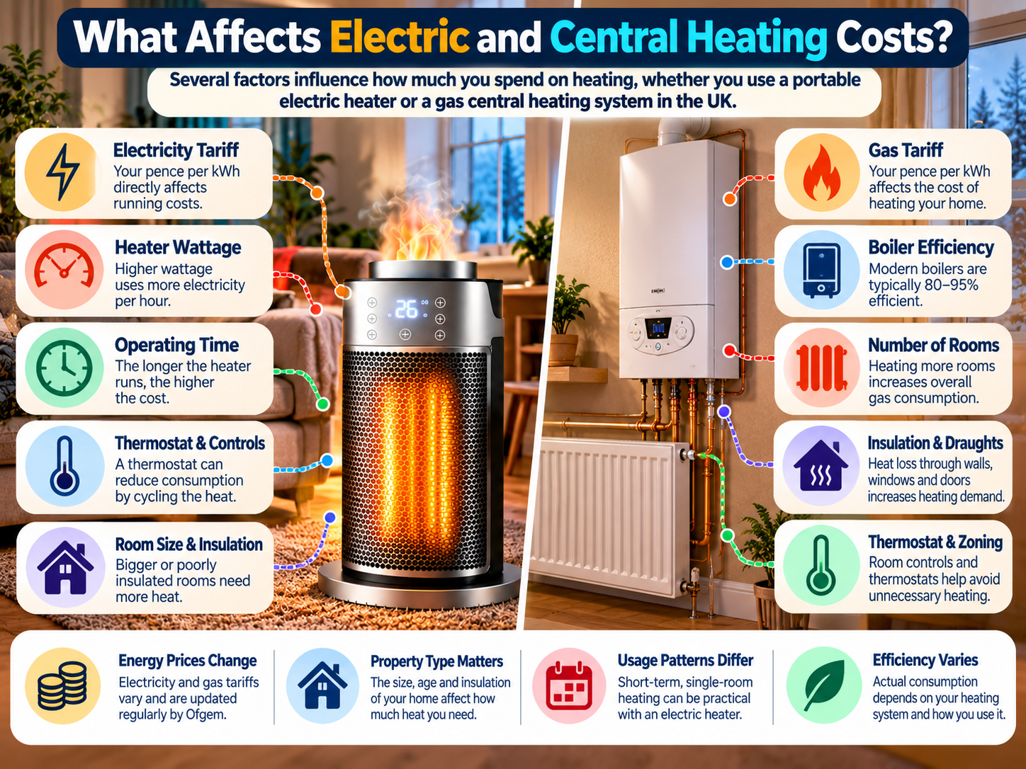 factors affecting electric heater and central heating costs