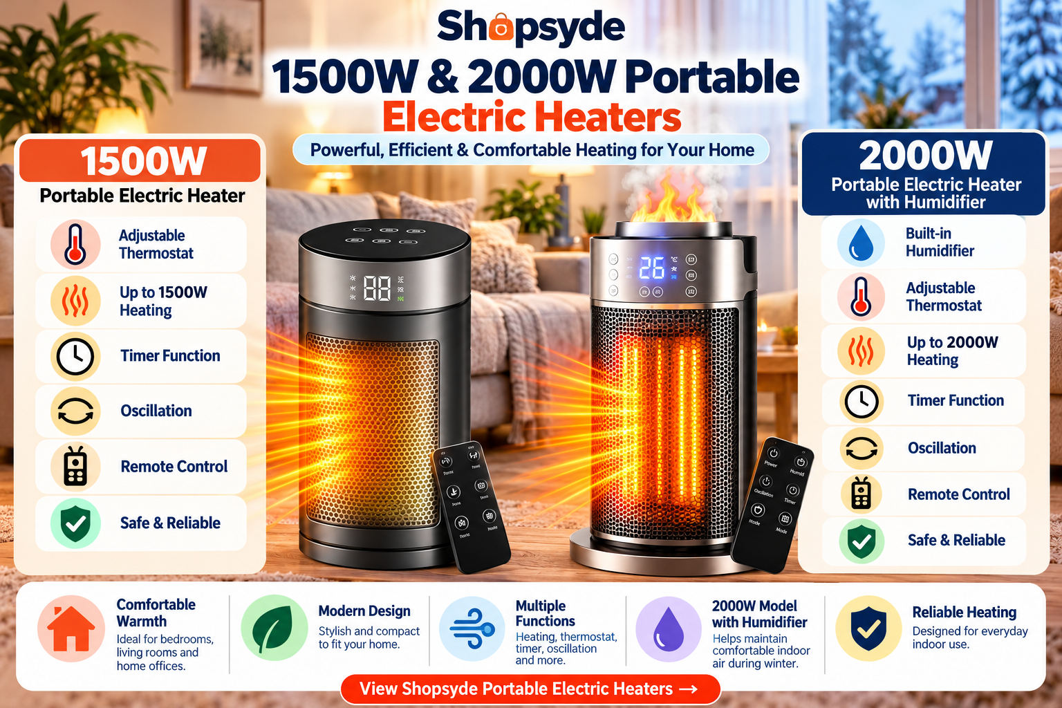Shopsyde 1500W and 2000W portable electric heaters