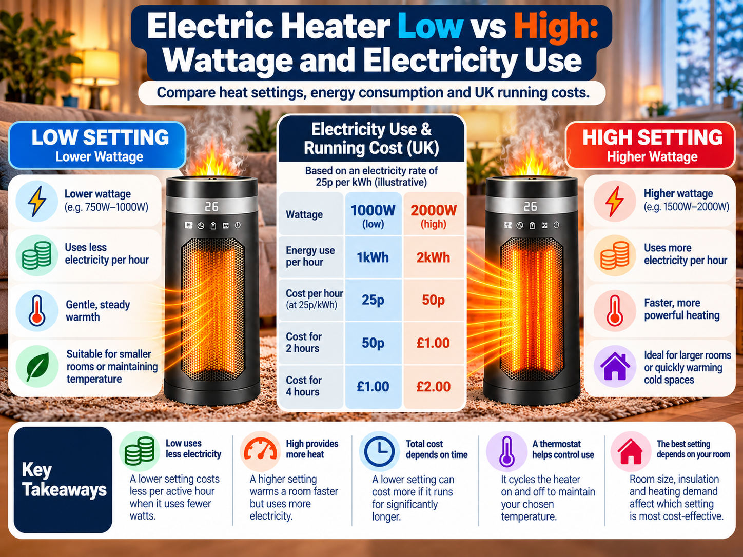 electric heater low vs high wattage and electricity consumption