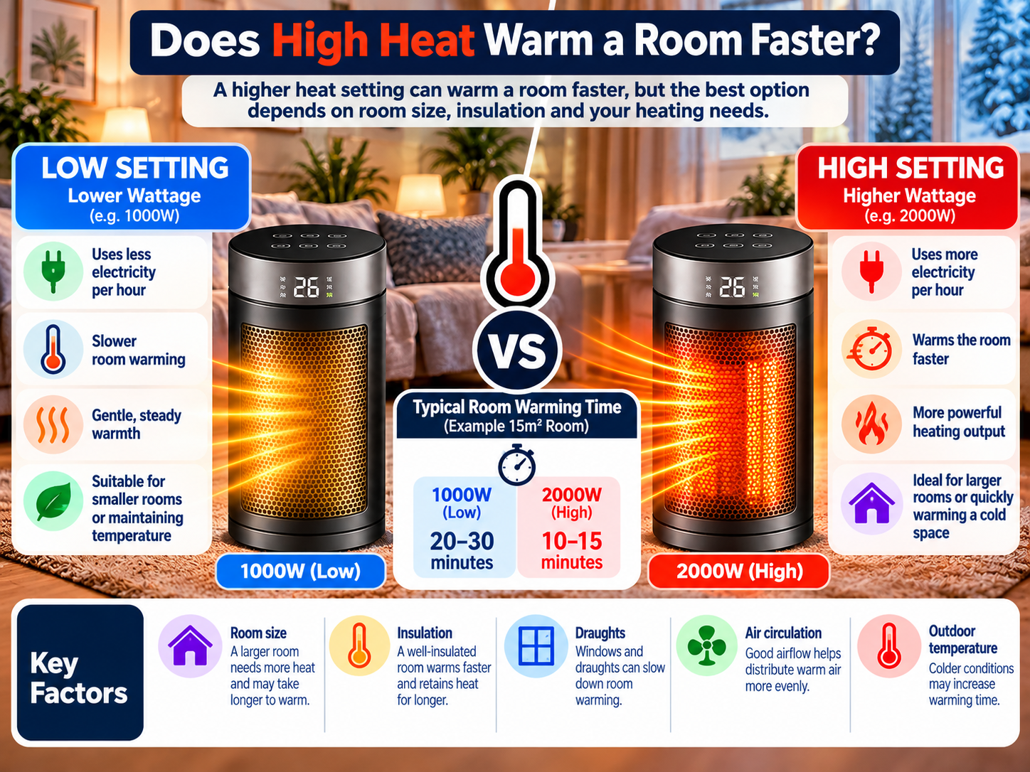 electric heater high heat vs low heat room warming comparison