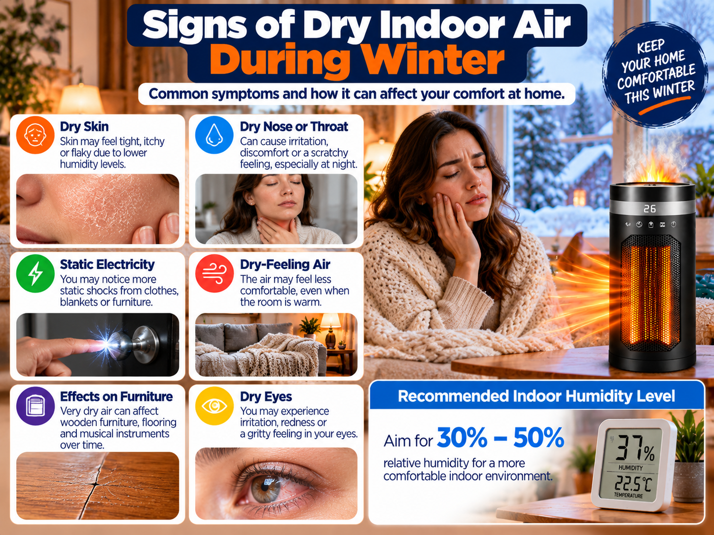 signs of low indoor humidity during winter including dry air and static electricity