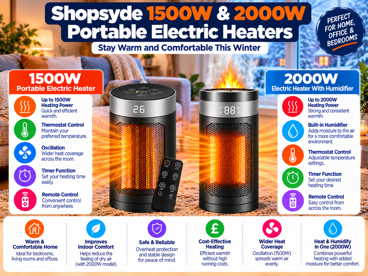 Shopsyde 1500W and 2000W portable electric heaters with humidifier option